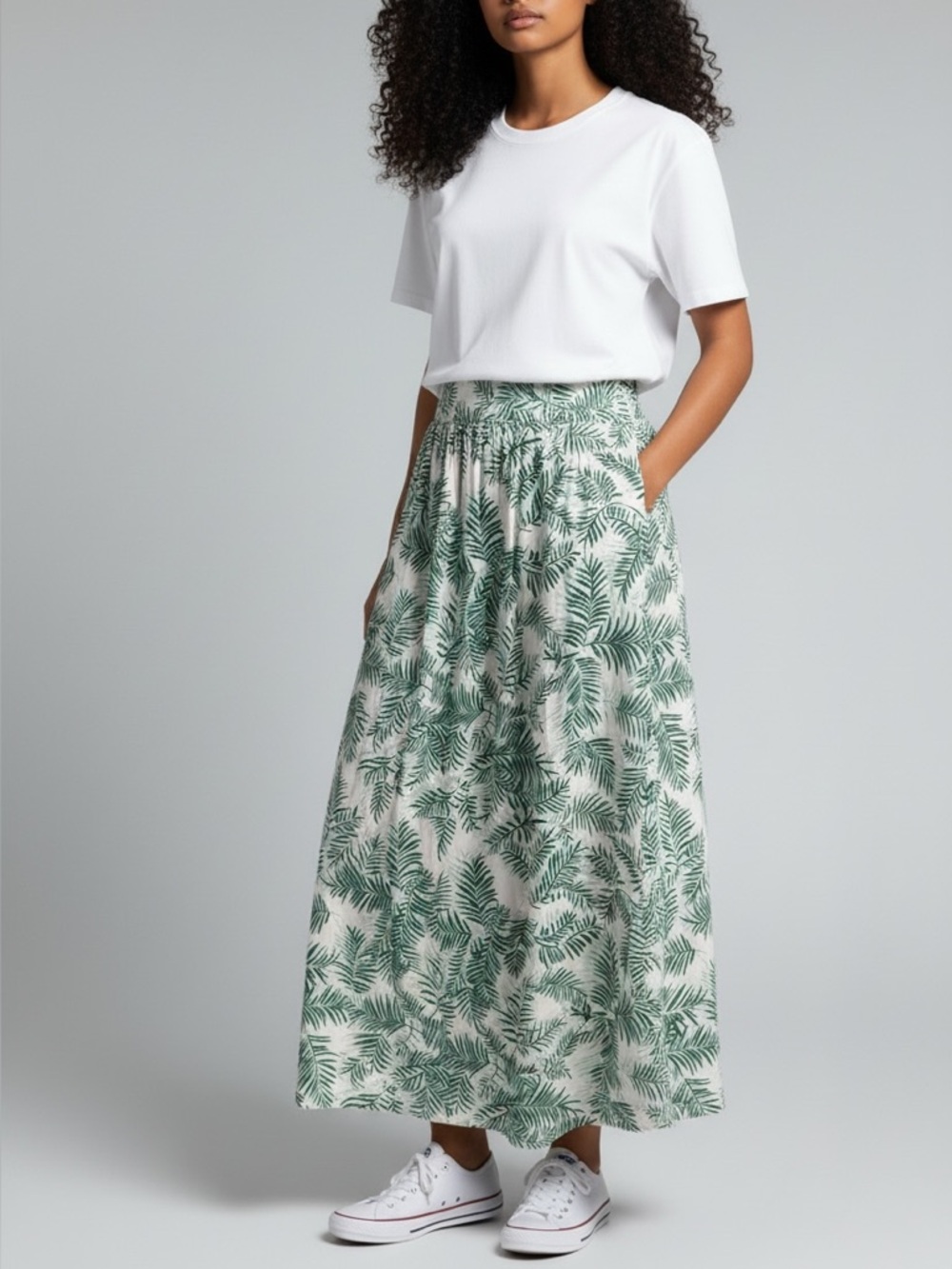 HALARA White Maxi Skirt with Green Palm Print